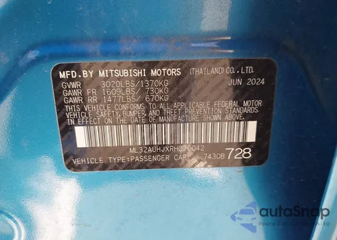 2024 Mitsubishi Mirage Es/Le z USA, uszkodzony, nr VIN ML32AUHJXRH020042